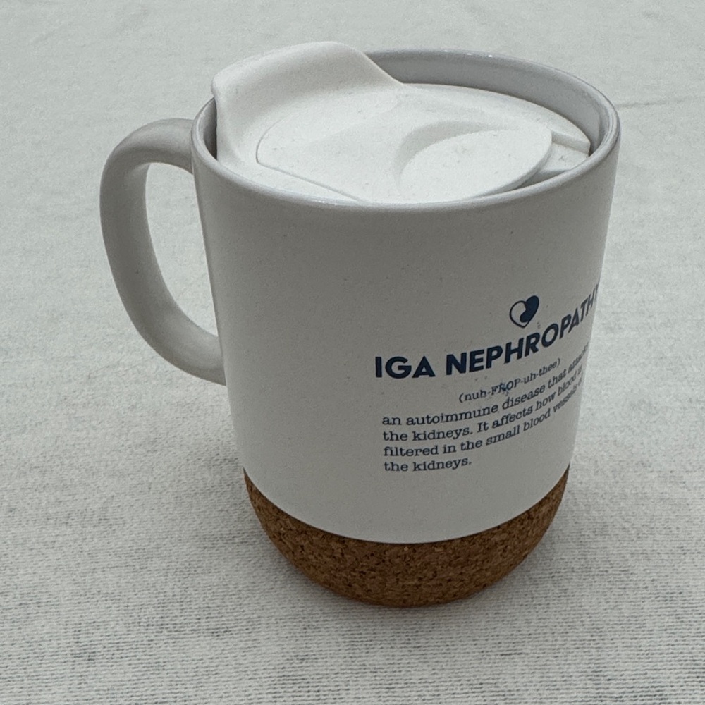 IGA Nephropathy 4.5” White Ceramic Mug with Cork Base and splash proof lid (mlb)